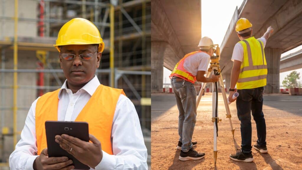 Imag of a civil engineer, and a pair of surveyors.
